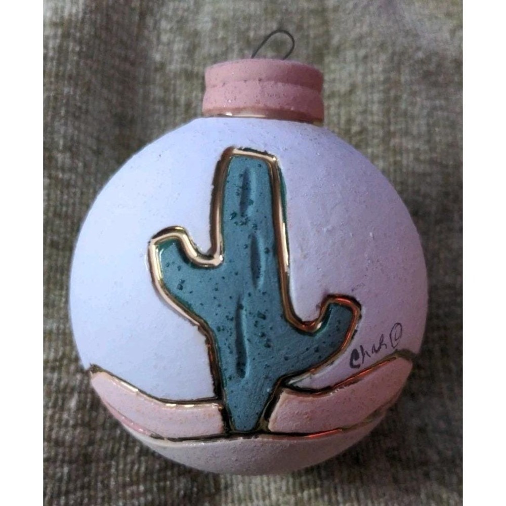 Vtg Art Pottery Cactus Bulb Ornament Hand Painted Southwestern Sagauro Char